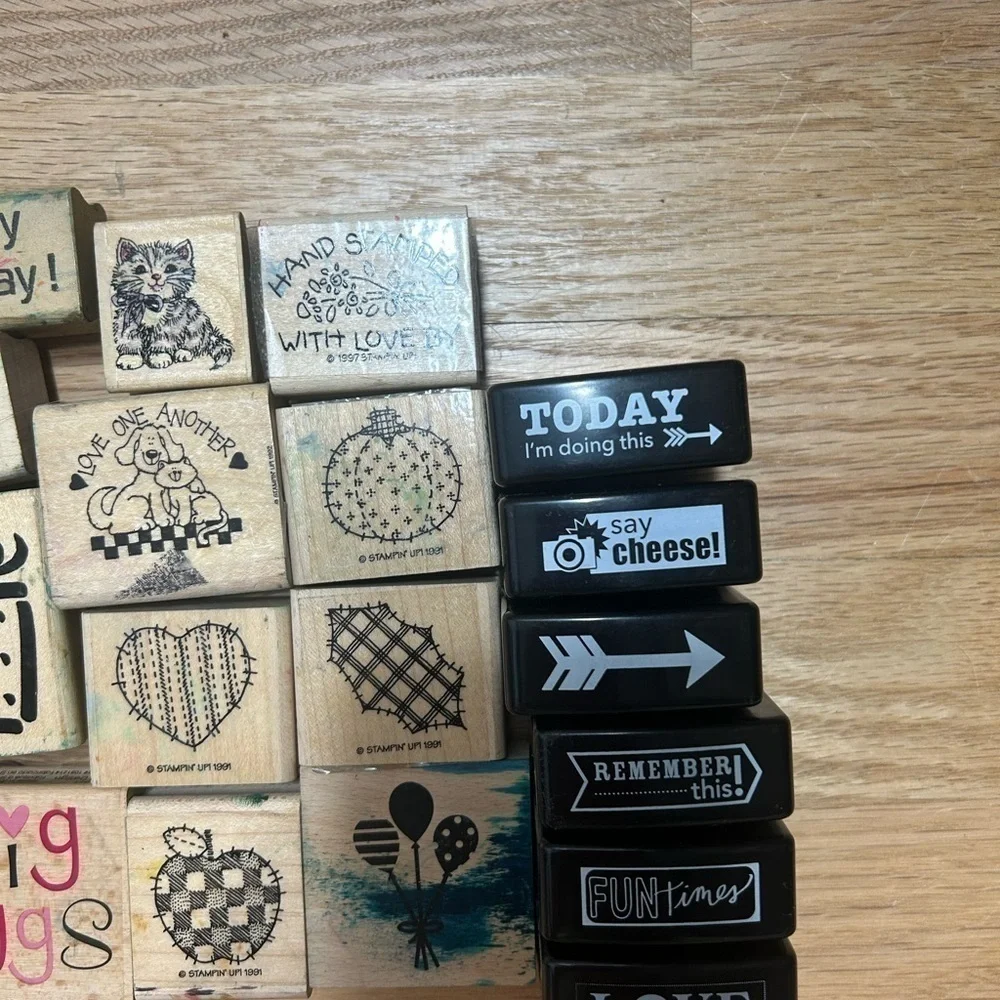 Vintage Rubber Stamp Bundle Lot Wooden Birthday Cat Hugs Invitation Balloons